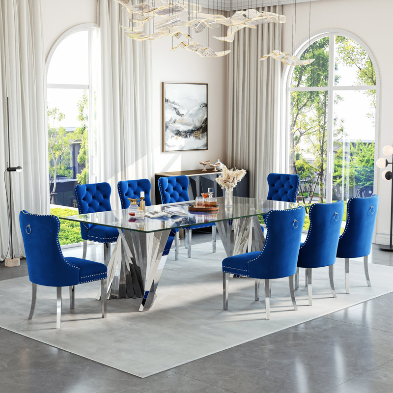 8-Person Glass Dining Set With Stainless Steel Base And Faux Leather Chairs, Silver, Blue/Silver