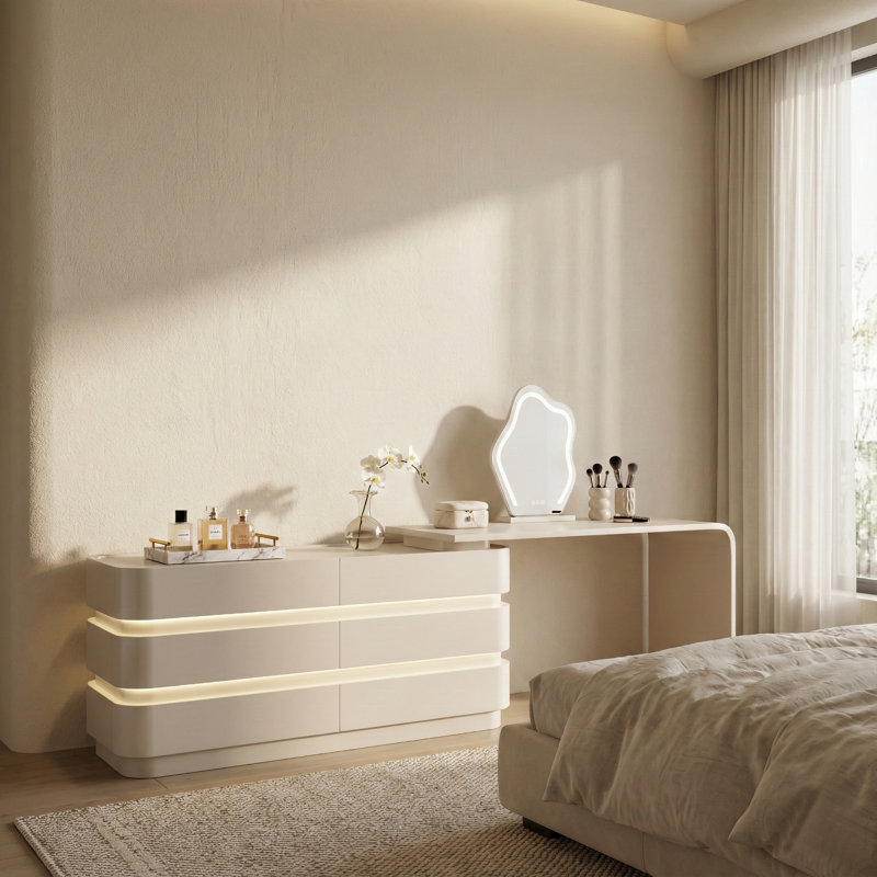 Bureau de coiffeuse moderne rétractable avec éclairage à DEL, grande coiffeuse à 6 tiroirs avec rangement, Beige