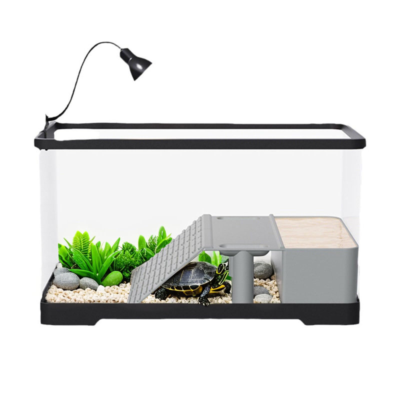 Acrylic Turtle Aquarium Kit - 40 x 22 x 23 cm Clear Tank - Basking Platform, Ramp, LED Light, Aquatic Plants - Easy Maintenance - Ideal for Small Reptile Pets