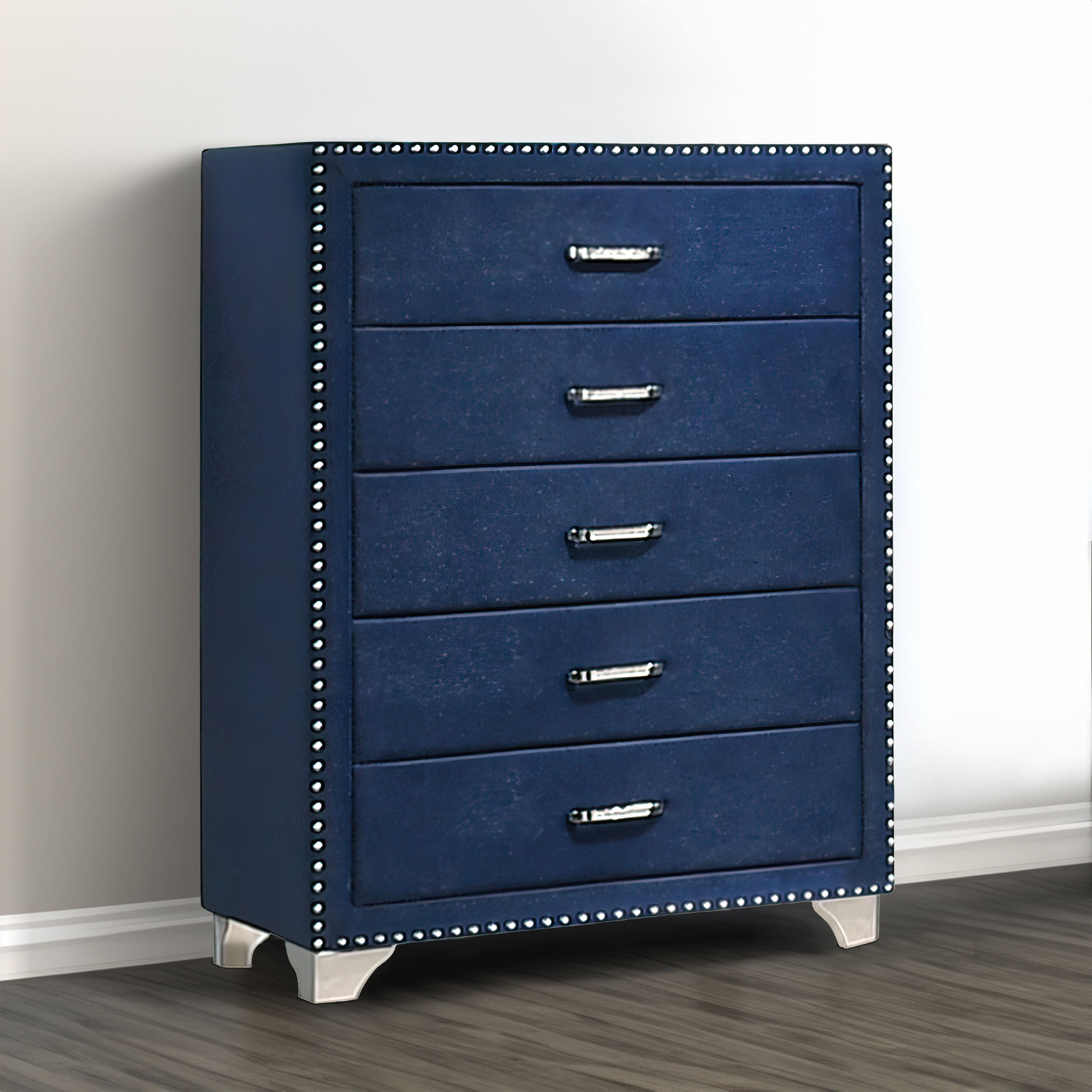 Orton 44 Inch Modern Glam Tall 5 Drawer Dresser Chest, Nailhead, Velvet