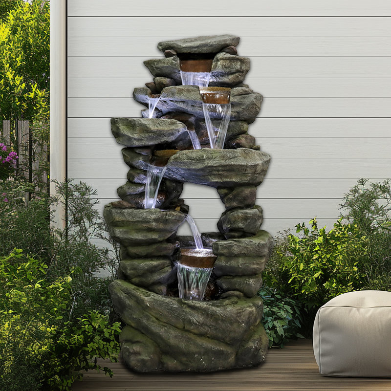 60" Outdoor/Patio 7-Tier Cascading Rock Freestanding Floor Waterfall Fountain With LED Lights And Pump For Garden Yard, And Deck Decor