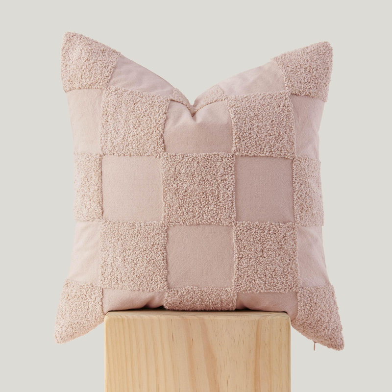 Double Stitch 100% Cotton Checkered Tufted Boho Decorative Throw Pillow Covers, Pink Whisper