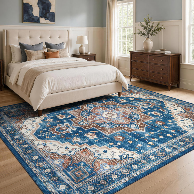 Tapis lavable à motif floral bleu vintage avec une couche rembourrée de 3 mm, Rectangulaire 8 pi x 10 pi