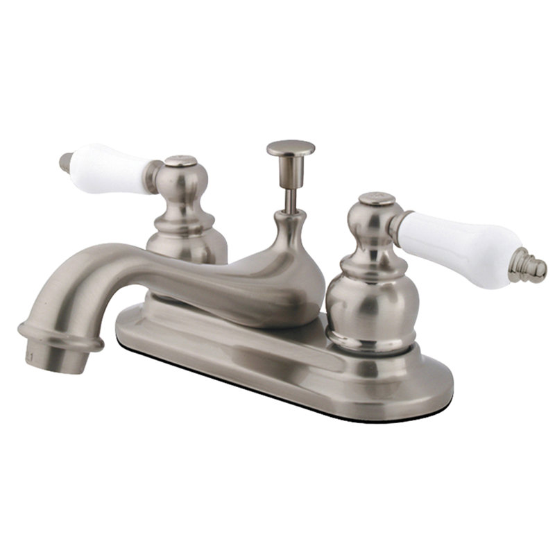 Kingston Brass Restoration Two-Handle 3-Hole Deck Mount 4" Centerset Bathroom Faucet with Plastic Pop-Up, Brushed Nickel