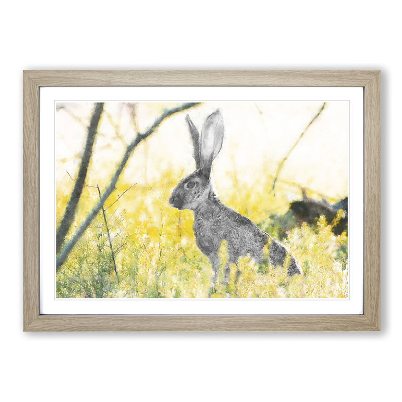 Alert Hare In The Meadow - Single Picture Frame Painting on MDF, 62cm H x 87cm W x 2cm D, Oak Framed