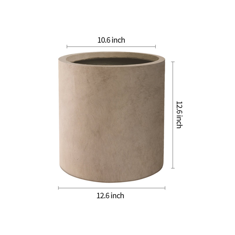12.9" Beige Lightweight Concrete Cylindrical Planter with Drainage Hole