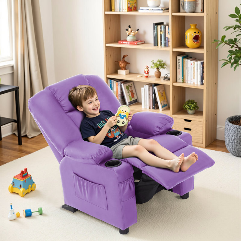 Whitson Kids Recliner Chair with  Anti-Tilt, Cup Holders, 2 Side Pockets, Faux Leather, Violet