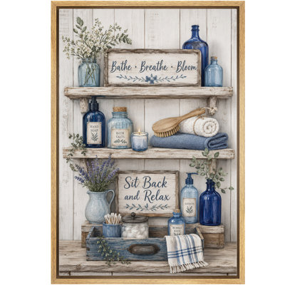 Bathe Breathe Bloom Blue Bottles Rustic Farmhouse Shelf Artwork, Bathroom Pictures, Framed Canvas Giclee Print Wall Art