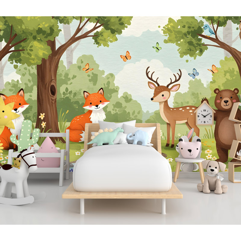 Animaux de la forêt, graphiques muraux, ours, renard, pelez et collez, papier peint, forêt, chambre de bébé, adhésif de chambre de bébé