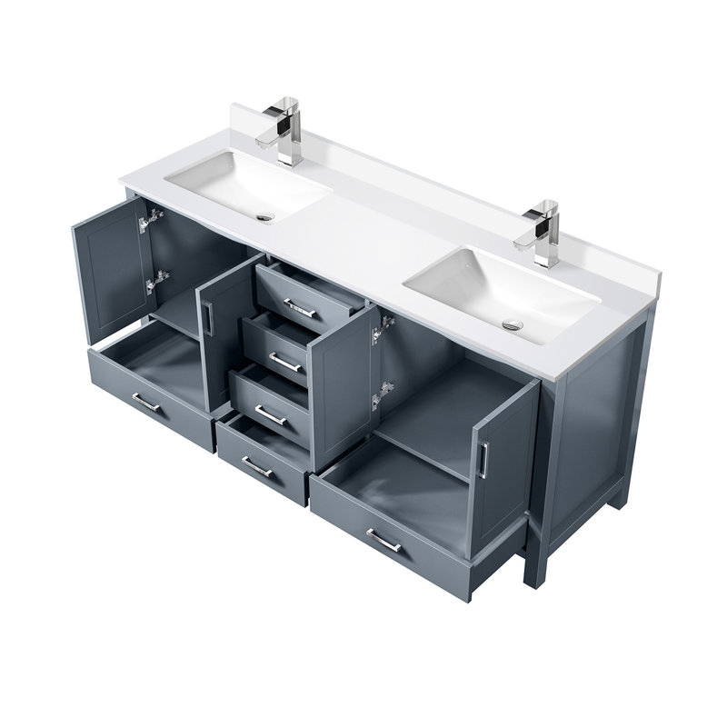 Meuble-lavabo double gris foncé de 72 po X P 22 po avec comptoir en quartz blanc et robinet - vaste espace de rangement deux armoires six tiroirs - grande salle de bain pour les rayures