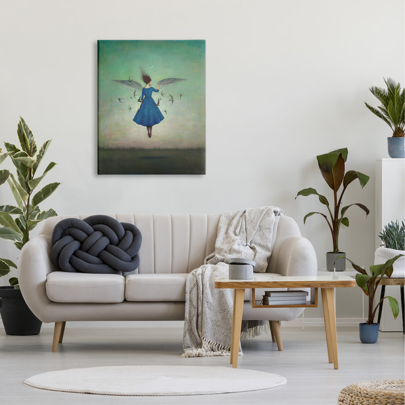 «Beauty and Birds at Night», art bleu et bleu sarcelle sur toile tendue, H 40 po x l 30 po x P 1,5 po, Toile tendue