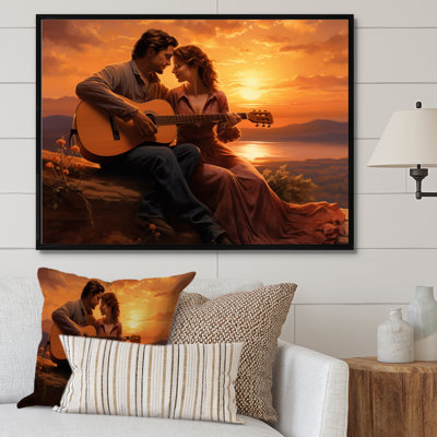Romantic Couple Playing Guitar At Sunset - Romantic Landscape Canvas Wall Art