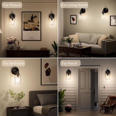 Ensemble de deux appliques murales modernes noires avec base E26, luminaires à DEL sans fil pour salle de bain, chambre à coucher, couloir et escalier