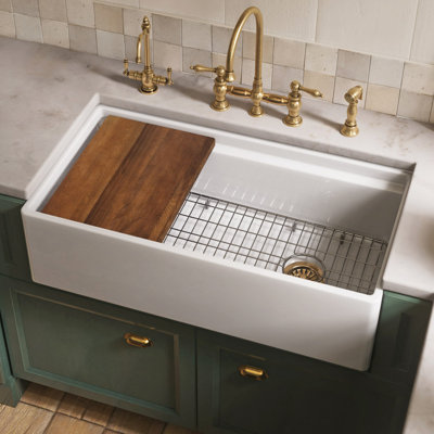 Whitehaus front apron single bowl fireclay kitchen sinks with walnut wood cutting board and stainless steel grid