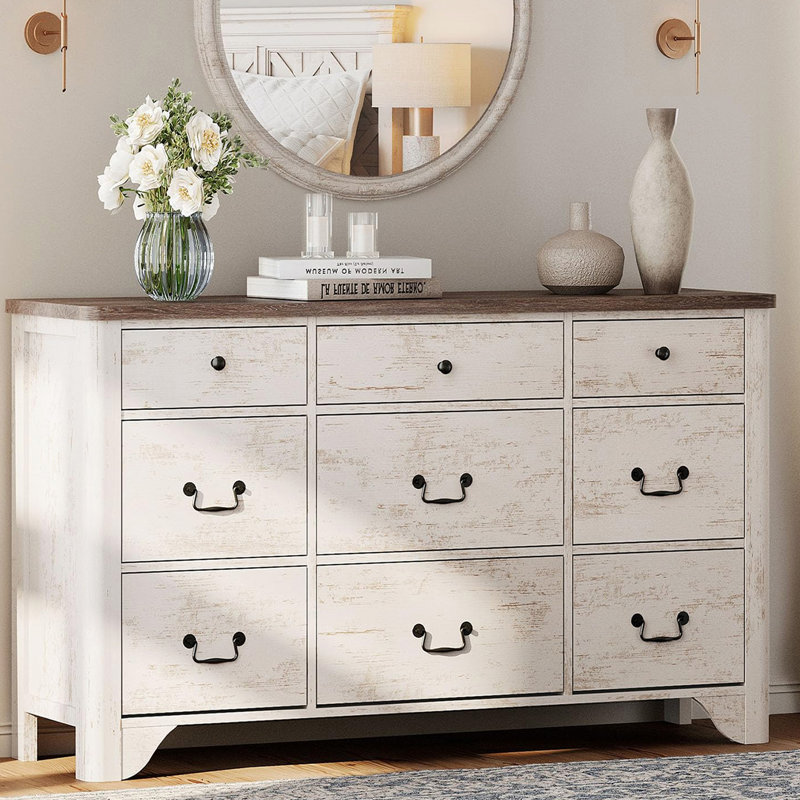 Commode décorative 9 tiroirs. Commode en bois l 53,5 po, Blanc