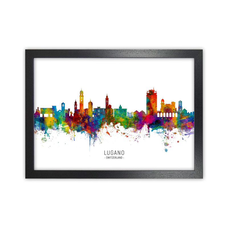 Lugano Switzerland Skyline by Michael Tompsett - Print, 25cm H x 34cm W x 3cm D, Black Framed