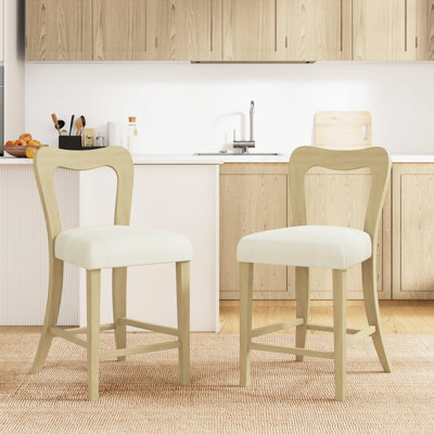 Tabouret de comptoir beige et bois de frêne sans accoudoirs, 2 pièces, bois d'hévéa, design élégant, dossier évidé pour une assise confortable et durable en bois d'hévéa, assise moderne épaisse, support ergonomique