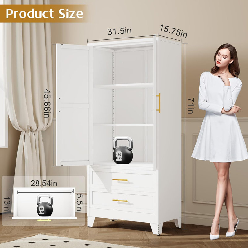 Armoire-penderie 71 po avec armoires et tiroirs, Blanc, 71" H x 32" W x 16" D