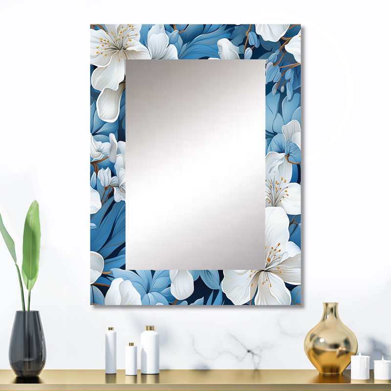 Dente Azure Mirage Tropical Pattern - tropical  Wall Mirror, Botanical, Floral Decorative Mirror, Printed Metal Art