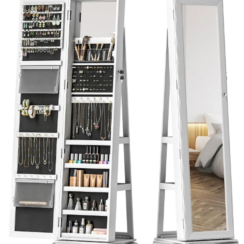 Full Mirror With 360 Swivel And Jewelry Organization Storage, 78 Ring Slots 3 Back Storage Shelves, Lockable Compartment, Gray , 21.7" D, Assembly Needed Rotating Cabinet Ample 120 Earring Built-In