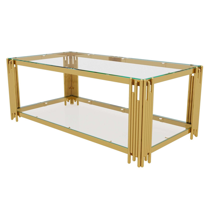 Table basse moderne, table rectangulaire avec tablette inférieure, Transparent / doré, Transparent