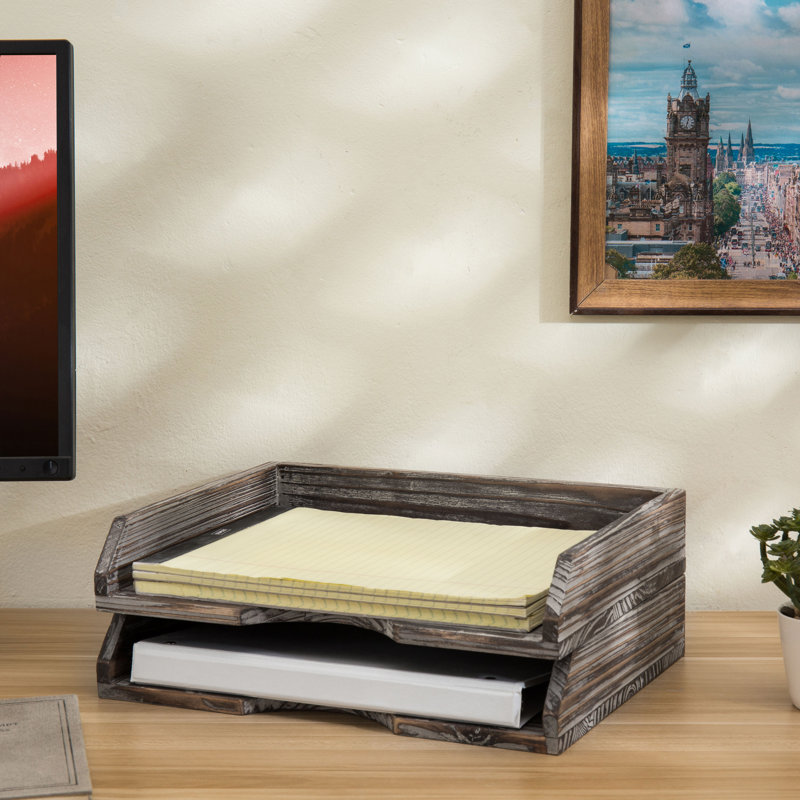 Cyrine Solid Wood 2 Tier Desktop Stackable Paper Tray
