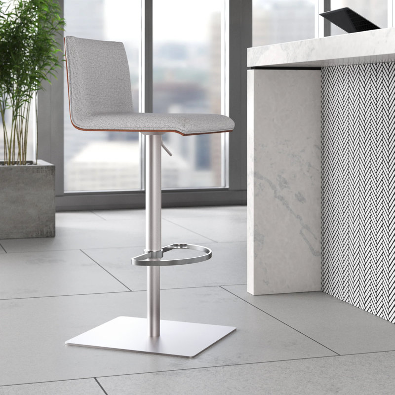 Tabouret de bar rotatif à hauteur ajustable avec base piédestal en acier inoxydable brossé Bjorn, Noyer, Similicuir - gris