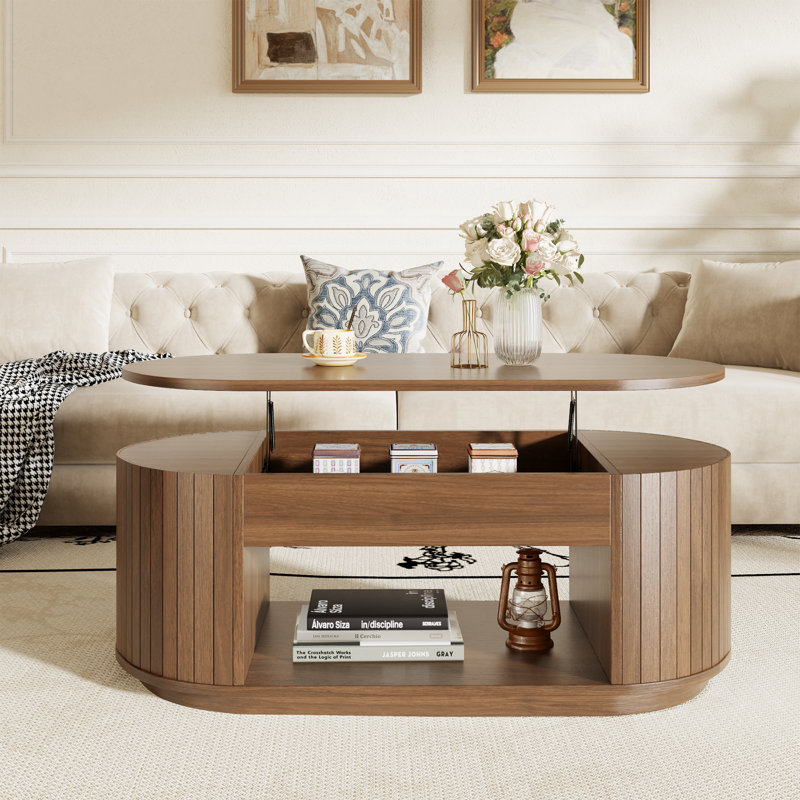 Table basse en bois à plateau relevable de 43 pouces, table basse centrale avec compartiment de rangement caché et tablette ouverte pour le salon, appartement, petit espace, brun