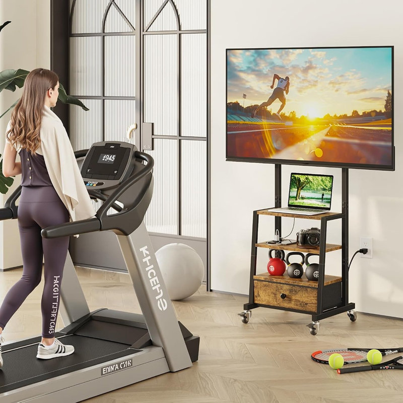 Meuble télé à roulettes avec support mural, tiroir en tissu, prise électrique, centre multimédia mobile, console télé portative pour chambre et salon, brun rustique