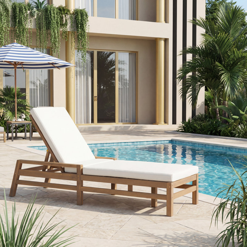5-Position Adjustable Outdoor Chaise Lounge, Solid Wood Patio Recliner with Thick Cushions, Weather-Resistant for Pool, Balcony & Garden