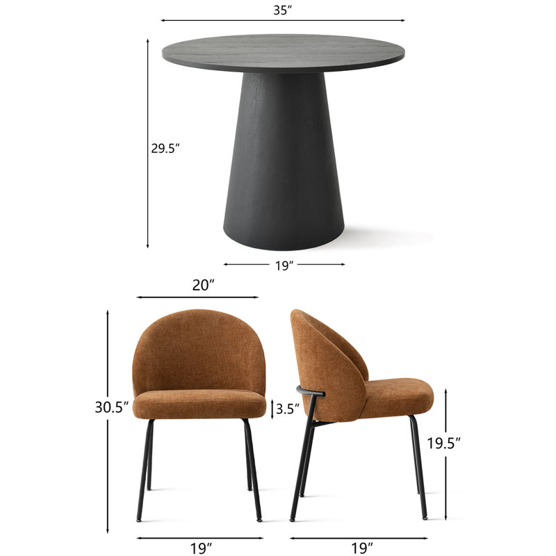 5-Piece Round Dining Table Set For 4 With Black Pedestal Table And 4 Upholstered Chairs, Terra