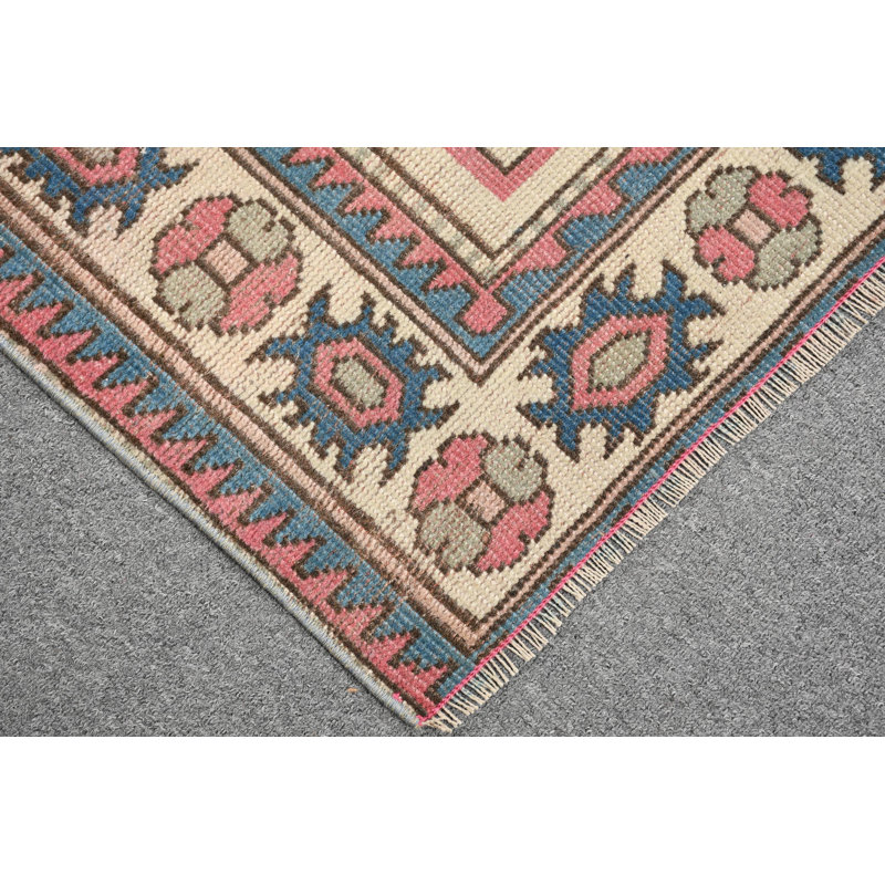 Tapis turc authentique tissé à la main avec motif géométrique rouge et bleu