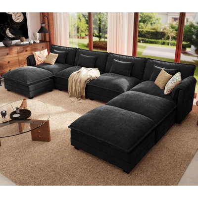 Amabilia 7-Piece 153'' U-Shaped Comfy Cloud Modular Sectional Sofa With Deep Seat, 4-Seat Sofa With Removable Ottomans-Chenille Fabric-Black