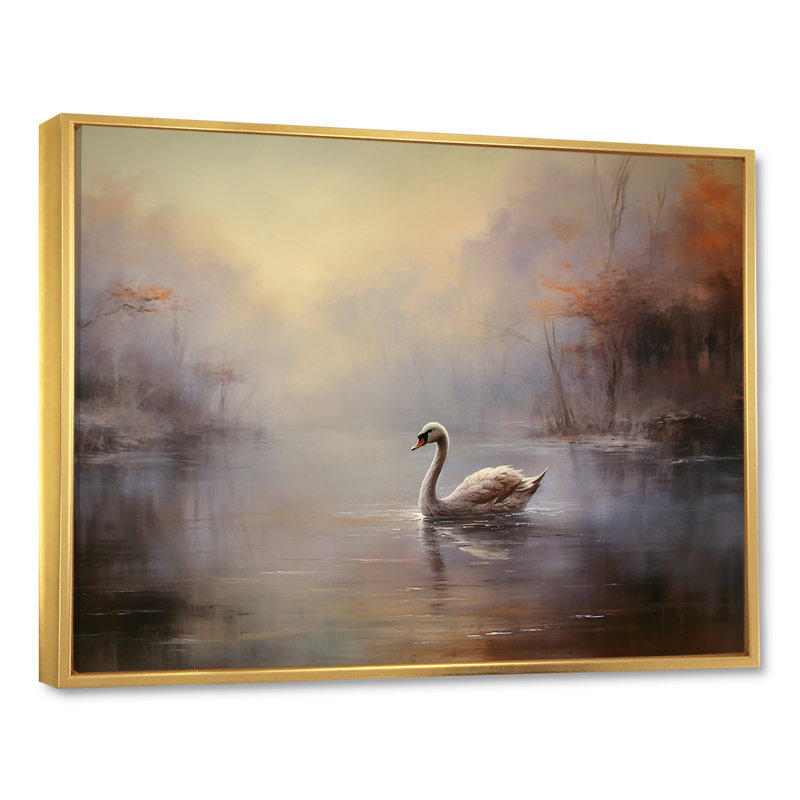 Cygne dans la brume II sur toile, Cadre flottant doré, H 30 po x l 40 po x P 1,5 po