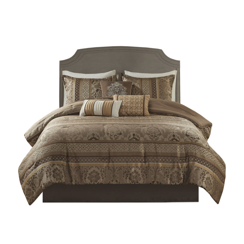 Luxurious Jacquard Bedding Sets, Polyester Brown Gold, Bedroom Elegance