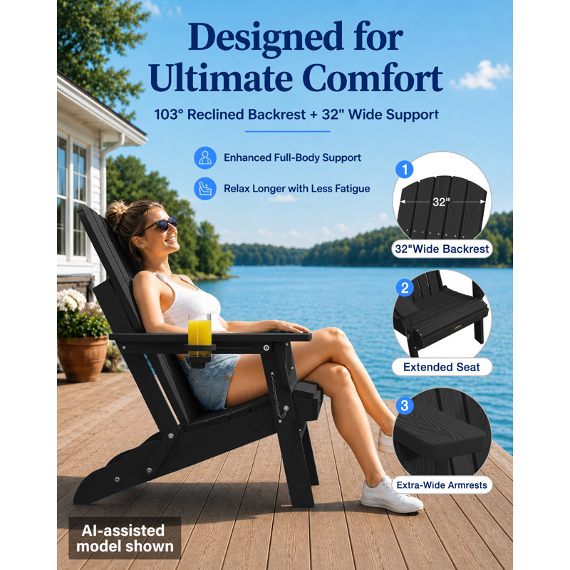 Weather-Resistant Adirondack Chairs with Cup Holder: Outdoor Plastic HDPE Folding Adirondack Chairs for Fire Pit/Deck/Porch/Garden/Lawn/Backyard (Black)