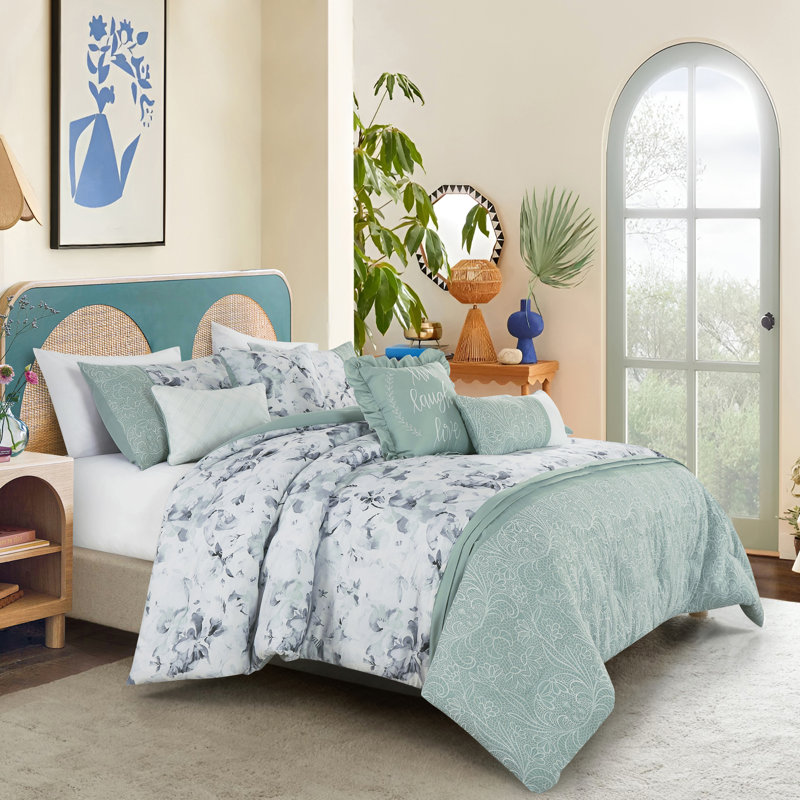 Ensemble d'édredon 7 pièces Vero Luxury, Édredon de très grande taille et 6 pièces suppl, Motif floral bleu