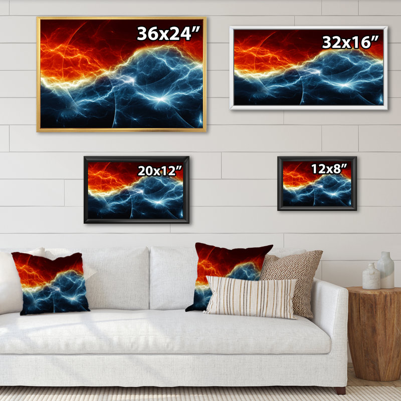 Fire and Ice Fractal Lightning - reproduction d'art sur toile encadrée, H 8 po x l 12 po x P 1 po, Cadre flottant blanc