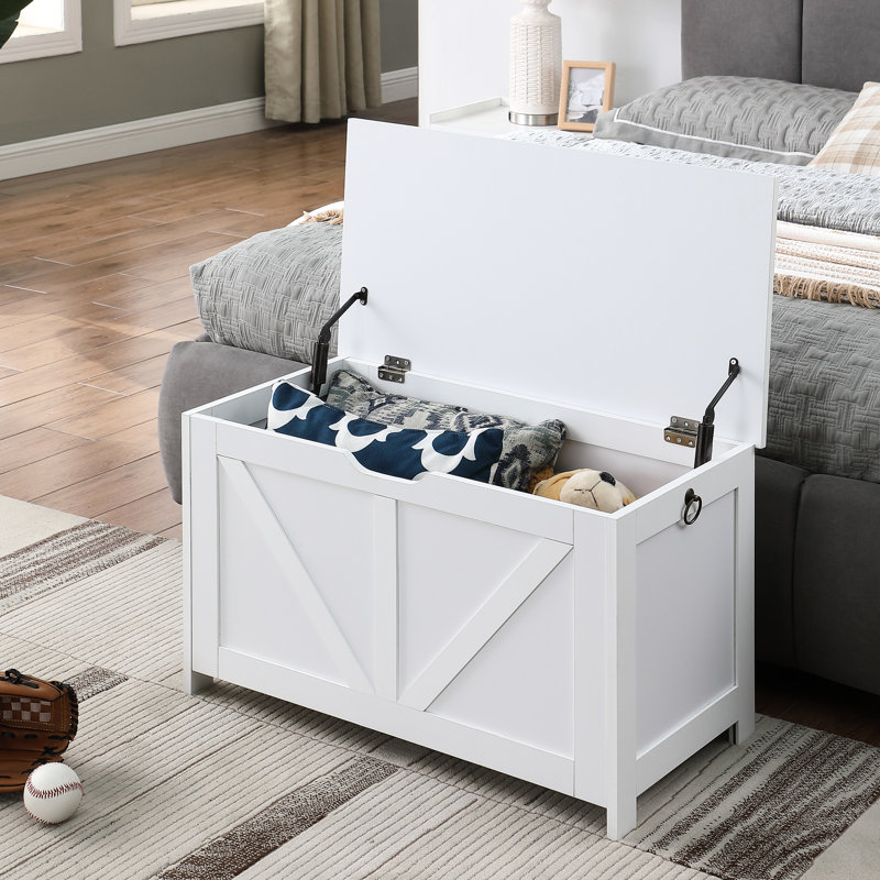 Banc blanc pour hall d'entrée, assemblage facile, grand intérieur, poignée en forme de U, support de rangement spacieux de 300 lb, attrait rétro, 2 charnières, option multi-usage rapide