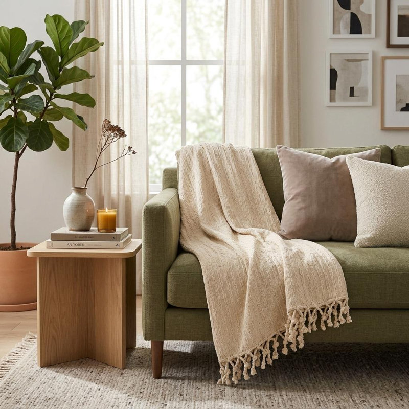 Ivory Knitted 100% Cotton Throw Blanket