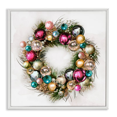 Stupell Industries Festive Ornamental Wreath Minimal Christmas Charm By Ziwei Li - Floater Frame Painting On Wood In Coastal White Framed Giclee