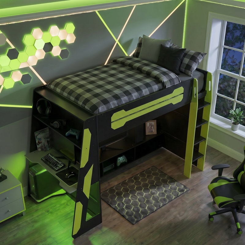 Lit plateforme simple en bois avec bureau, lumière RVB et tablettes multiples, Green/Black