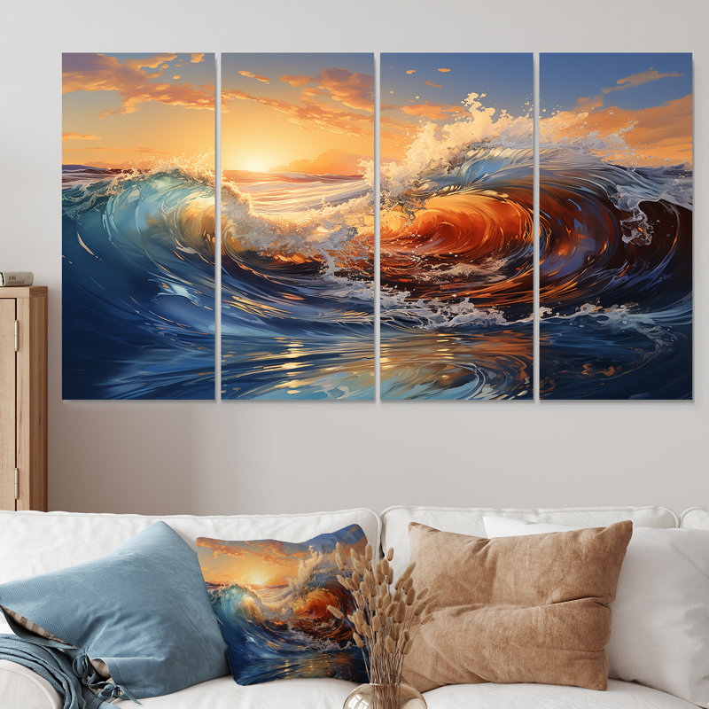 Décoration murale 4 vagues bleues et orange Sunrise Waves - Coastal Waves, H 32 po x l 64 po