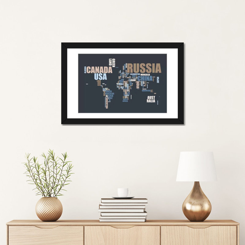 «World Map in Words», art textuel sur toile, H 16 po x l 24 po x P 1 po, Papier d'art encadré noir, Blanc