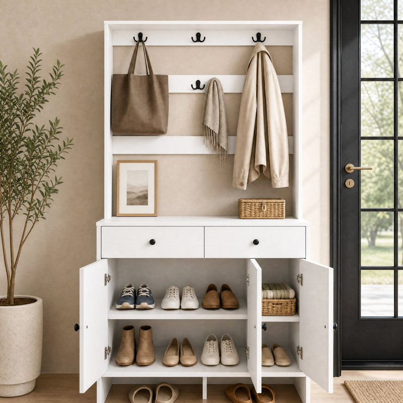Portemanteau moderne avec rangement pour chaussures et portemanteau pour vestibule, organisateur de vestibule avec 8 casiers à chaussures et 8 crochets à manteau