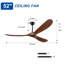 Ventilateur de plafond 52 po en bois de noyer massif à 3 pales 52 pouces avec télécommande, ventilateur à 6 vitesses CC réversible pour patio de porche de salon de chambre à coucher