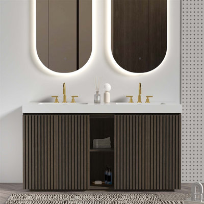 Meuble-lavabo de 60 po en chêne fumé avec lavabo, trois trous de robinet, grand rangement, autoportant pour les salles de bain modernes
