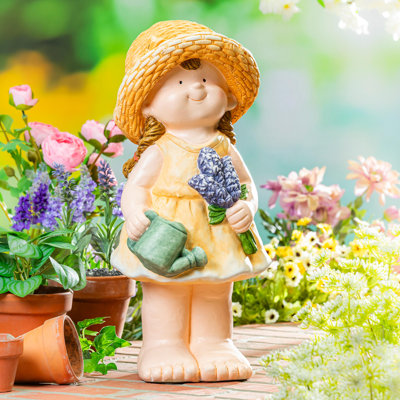 Statue jardinière avec fleur mauve, H 16 po
