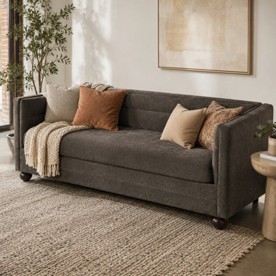 Gatton 77.2" Modern 3-Seater Sofa, Chenille Upholstered Couch with Square Arms & Camel Back Channel Stitching, Rubber Wood Ball Legs, Single Seat Cushion with Pocket Springs