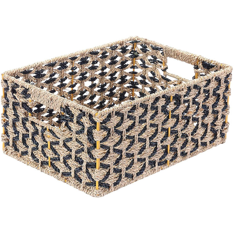 DTX Intl Rectangle Hand Weaved Wicker Baskets made of Water Hyacinth | Nesting Black and Natural Seagrass Bins 